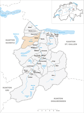 Localisation de Näfels dans le canton de Glaris.