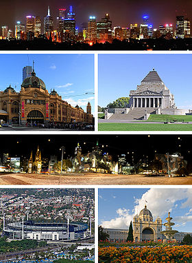Haut : Panorama de la ville de Melbourne.Centre : Federation Square et la gare de Flinders street.Bas : Melbourne Cricket Ground.
