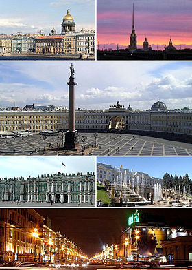De haut en bas, de gauche à droite : le quai des Anglais et la cathédrale Saint-Isaac, la forteresse Pierre-et-Paul, la place du Palais avec la Colonne d'Alexandre, le palais d'Hiver, Peterhof, la perspective Nevski de nuit.
