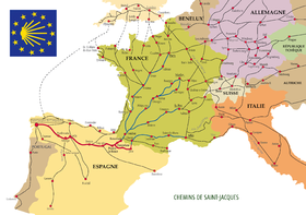 Carte montrant les chemins contemporains en Europe pour se rendre à Saint-Jacques-de-Compostelle.