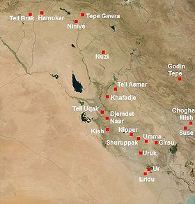 Localisation d'Eridu et des principales cités de Mésopotamie au IVe millénaire av. J.‑C.