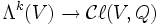 \Lambda^k(V) \to \mathcal{C}\ell(V,Q)\,