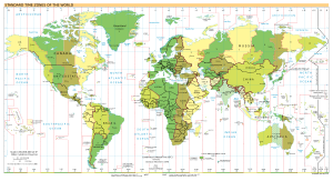 Carte du monde indiquant sa division en fuseaux horaires. UTC+1 est globalement au centre de la carte.