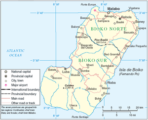 Carte de l'île de Bioko avec la localisation de Malabo marquée