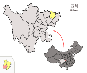 Localisation du district de Bazhou (en rose) dans la préfecture de Bazhong (en jaune)