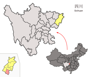 Localisation du xian de Dazhu (en rose) dans la préfecture de Dazhou (en jaune)