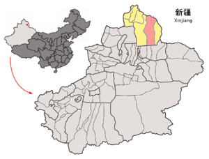 Localisation du xian de Fuyun (en rose) dans la préfecture d'Altay (en jaune)