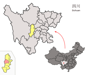 Localisation du xian de Tianquan (en rose) dans la préfecture de Ya'an (en jaune)