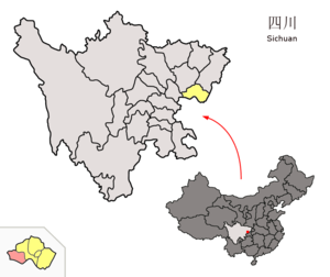 Localisation du xian de Wusheng (en rose) dans la préfecture de Guang'an (en jaune)