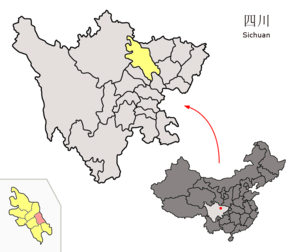 Localisation du xian de Zitong (en rose) dans la préfecture de Mianyang (en jaune)