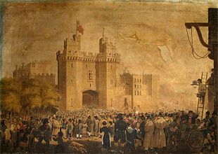 La peinture montre l'entrée d'un château avec deux grandes tours crénelées entourant une grande porte. Une foule de plusieurs centaines de personnes est massée devant le château.