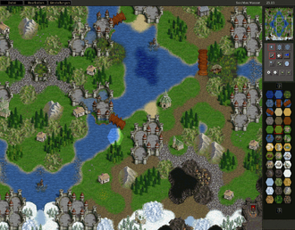 Capture d'écran d'un logiciel utilisé pour dessiner une ville médiévale en vue aérienne.