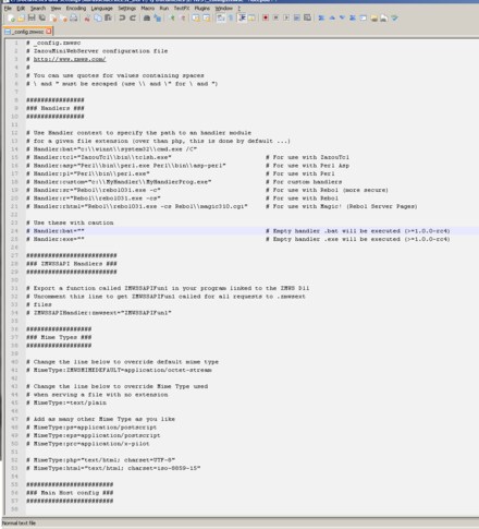 Impression écran du fichier de configuration _config.zmwsc dans le logiciel libre Notepad++