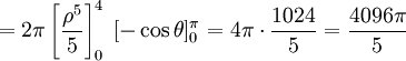 = 2 \pi \left[ \frac{\rho^5}{5} \right]_0^4 \;[- \cos \theta ]_0^\pi = 4 \pi \cdot \frac{1024}{5} = \frac{4096 \pi}{5}