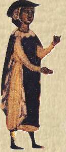 enluminure en couleur représentant le troubadour Bernard de Ventadour en pied tourné vers la droite habillé d'une tunique noire et blanche et coiffé d'un chapeau, à la mode du moyen-age