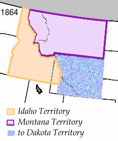 Territoire du Montana en 1864 (en violet. Le Continental Divide est inscrit en pointillé)