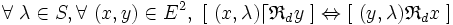  \forall\ \lambda \in S , \forall\ ( x , y ) \in E^2 ,\ [\ ( x , \lambda ) \lceil \mathfrak{R}_d y \ ] \Leftrightarrow [\ ( y , \lambda ) \mathfrak{R}_d x \ ] \,
