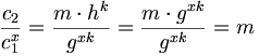 \frac{c_2}{c_1^x} = \frac{m\cdot h^k}{g^{xk}} = \frac{m\cdot g^{xk}}{g^{xk}} = m