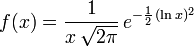 f(x) = \frac{1}{x\, \sqrt{2 \pi}}\, e^{-\frac{1}{2}\, (\ln x)^2}