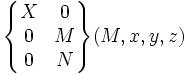 \begin{Bmatrix} X & 0 \\ 0 & M \\ 0 & N \end{Bmatrix}(M,x,y,z)