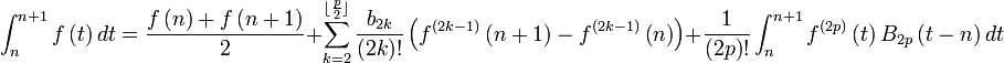 \int_n^{n+1} f \left( t \right)  dt = \frac{f\left( n\right) +f\left( n+1\right) }{2}+\sum_{k=2}^{\lfloor \frac{p}{2} \rfloor} \frac{b_{2k}}{(2k)!} \left( f^{(2k-1)}\left(n+1\right) - f^{(2k-1)}\left(n\right) \right) + \frac{1}{(2p)!} \int_n^{n+1} f^{(2p)} \left( t\right) B_{2p} \left( t-n \right) dt 
