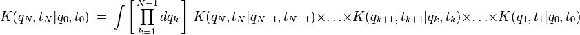 K(q_N,t_N|q_0,t_0) \ = \ \int \left[ \, \prod_{k=1}^{N-1} dq_k \, \right] \ K(q_N,t_N|q_{N-1},t_{N-1}) \times \dots \times K(q_{k+1},t_{k+1}|q_{k},t_{k}) \times  \dots \times  K(q_{1},t_{1}|q_0,t_0)
