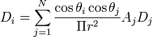 \displaystyle D_{i} = \sum_{j=1}^N \frac{\cos \theta_i \cos \theta_j}{\Pi r^2} A_j D_j