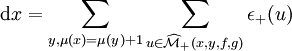 \mathrm dx=\sum_{y,\mu(x)=\mu(y)+1}\sum_{u\in\widehat{\mathcal{M}}_+(x,y,f,g)}\epsilon_+(u)