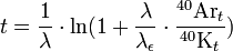 t=\frac{1}{\lambda}\cdot \ln(1+\frac{\lambda}{\lambda_\epsilon}\cdot\frac{{}^{40}\mathrm{Ar}_t}{{}^{40}\mathrm{K}_t})
