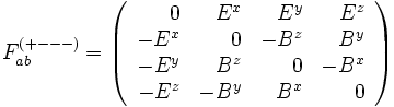 F_{ab}^{(+---)} = \left(\begin{array}{rrrr}
0 & E^x & E^y & E^z \\
- E^x & 0 & - B^z & B^y \\
- E^y & B^z & 0 & - B^x \\
- E^z & - B^y & B^x & 0
\end{array}\right)