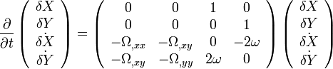 \frac{\partial}{\partial t}\left(\begin{array}{c} \delta X \\ \delta Y \\ \dot{\delta X} \\ \dot{\delta Y} \end{array} \right) = \left(\begin{array}{cccc} 0 & 0 & 1 & 0 \\ 0 & 0 & 0 & 1 \\ -\Omega_{,xx} & - \Omega_{,xy} & 0 & -2 \omega \\ - \Omega_{,xy} & -\Omega_{,yy} & 2 \omega & 0 \end{array}\right) \left(\begin{array}{c} \delta X \\ \delta Y \\ \dot{\delta X} \\ \dot{\delta Y} \end{array} \right)