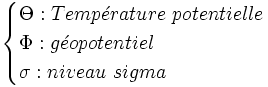 \begin{cases}\Theta: Temp\acute{e}rature\ potentielle\ \\ \Phi: g\acute{e}opotentiel \\ \sigma: niveau\ sigma \end{cases}