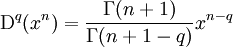 \mathrm{\mathrm D}^{q}(x^n)=\frac{\Gamma(n+1)}{\Gamma(n+1-q)}x^{n-q}