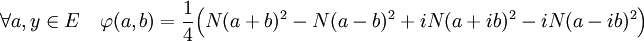 \forall a,y \in E \quad \varphi(a,b)=\frac14\Big(N(a+b)^2 - N(a-b)^2 + iN(a+ib)^2 - iN(a-ib)^2\Big)