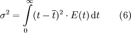 \sigma^2 = \int\limits_{0}^\infty (t- \overline {t})^2 \cdot E(t)\, \mathrm dt \qquad (6)