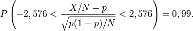 P\left(-2,576<\frac{X/N-p}{\sqrt{p(1-p)/N}}<2,576\right)=0,99.
