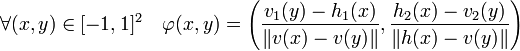 \forall (x,y) \in [-1,1]^2 \quad \varphi(x,y) = \left(\frac {v_1(y) - h_1(x)}{\|v(x) - v(y)\|},\frac {h_2(x) - v_2(y)}{\|h(x) - v(y)\|}\right)