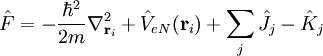  \hat F = -\frac{\hbar^2}{2m}\nabla^2_{\mathbf r_i} + \hat V_{eN}(\mathbf r_i) + \sum\limits_j \hat J_j - \hat K_j 