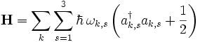 
\mathbf{H} = \sum_k \sum_{s=1}^3 \hbar \, \omega_{k,s}
\left( a_{k,s}^{\dagger}a_{k,s} + \frac{1}{2} \right)
