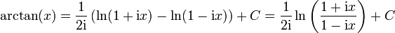 \arctan(x) = \frac{1}{2\mathrm i} \left(\ln(1+\mathrm ix) - \ln(1-\mathrm ix)\right) + C = \frac{1}{2\mathrm i} \ln\left(\frac{1+\mathrm ix}{1-\mathrm ix}\right) + C