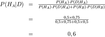 
\begin{matrix} P(H_A | D) &=& \frac{P(H_A) \cdot P(D | H_A)}{P(H_A) \cdot P(D | H_A) + P(H_B) \cdot P(D | H_B)} \\  \\  \ & =& \frac{0,5 \times 0,75}{0,5 \times 0,75 + 0,5 \times 0,5} \\  \\  \ & =& 0,6 \end{matrix}
