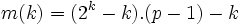 m(k) = (2^k - k) . (p - 1) - k\,