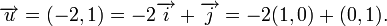 \overrightarrow{u}=(-2,1)=-2\overrightarrow{i}+\overrightarrow{j}=-2(1,0)+(0,1).
