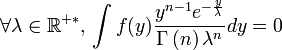 \forall \lambda\in\R^{+*}, \, \int f(y) \frac{{y^{n  - 1}  e^{ - \frac{y}{\lambda }} }}{{\Gamma \left( n  \right)  \lambda ^n  }} dy=0