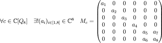 \forall c \in \mathbb C[Q_8] \quad \exists ! (a_i)_{i \in [1,8]} \in \mathbb C^8 \quad M_c =
\begin{pmatrix} a_1 & 0 & 0 & 0 & 0 & 0 \\ 0 & a_2 & 0 & 0 & 0 & 0 \\  0 & 0 & a_3 & 0 & 0 & 0 \\
0 & 0 & 0 & a_4 & 0 & 0 \\ 0 & 0 & 0 & 0 & a_5 & a_7 \\ 0 & 0 & 0 & 0 & a_6 & a_8  \end{pmatrix}
