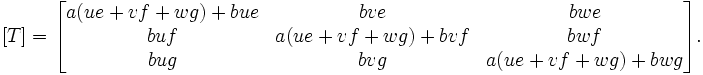 [T]=\begin{bmatrix} a(ue+vf+wg) + bue& bve & bwe \\  buf& a(ue+vf+wg) +bvf & bwf \\ bug & bvg & a(ue+vf+wg) + bwg\end{bmatrix} . 