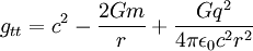 g_{tt} = c^2 - \frac{2 G m}{r} + \frac{G q^2}{4 \pi \epsilon_0 c^2 r^2}