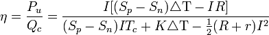  \eta=\frac{P_u}{Q_c}=\frac{I[(S_p-S_n)\triangle\mathrm{T}-IR]}{(S_p-S_n)IT_c+K\triangle\mathrm{T}-\frac{1}{2}(R+r)I^2}\,
