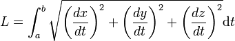 L = \int_a^b \sqrt {\left(\frac {dx}{dt}\right)^2 + \left(\frac {dy}{dt}\right)^2 + \left(\frac {dz}{dt}\right)^2}\mathrm d t