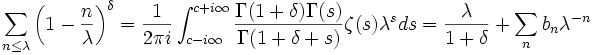  
\sum_{n\le \lambda} \left(1-\frac{n}{\lambda}\right)^\delta
= \frac{1}{2\pi i} \int_{c-i\infty}^{c+i\infty} 
\frac{\Gamma(1+\delta)\Gamma(s)}{\Gamma(1+\delta+s)} \zeta(s) \lambda^s ds
= \frac{\lambda}{1+\delta} + \sum_n b_n \lambda^{-n}
